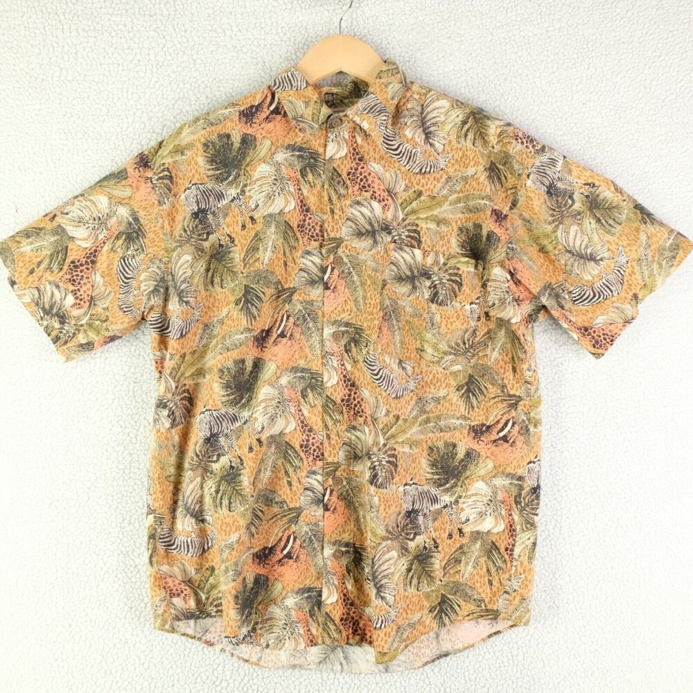 Vintage Shirt Mens Medium Beige Button Up Safari Tropical All Over Print